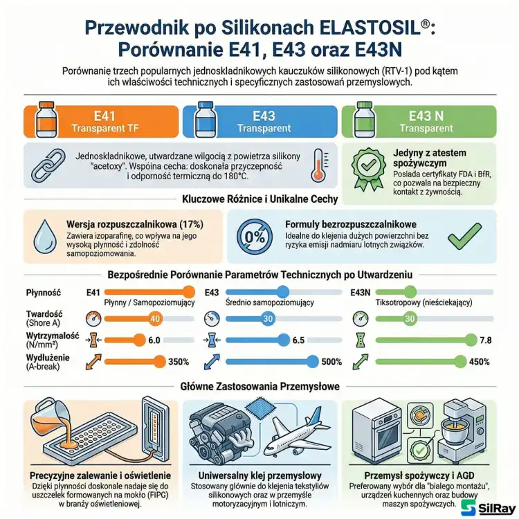 WACKER ELASTOSIL E43N 310ml – porównanie silikonów ELASTOSIL E41, E43 i E43N (infografika)