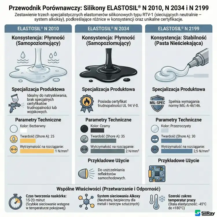 WACKER ELASTOSIL N2010 310ml – porównanie silikonów RTV-1 ELASTOSIL N2199, N2034 i N2010 (infografika)