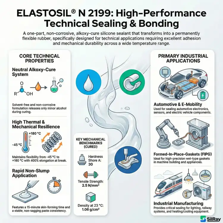 WACKER ELASTOSIL N2199 310ml – silikon do klejenia i uszczelniania w zastosowaniach technicznych, MIL-A-46146, Shore A 30 – infografika z zastosowaniami przemysłowymi