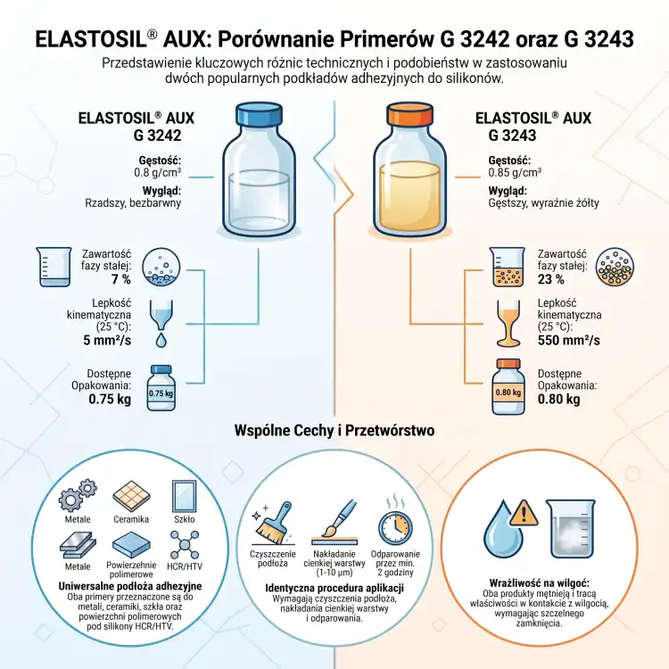 WACKER ELASTOSIL AUX G3243 800g – porównanie środków gruntujących ELASTOSIL AUX G 3243 i G 3242 (infografika)