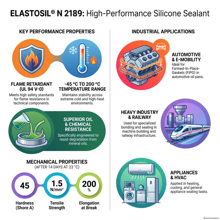 WACKER ELASTOSIL N2189 310ml – czarny silikon RTV-1, UL94 do uszczelniania i klejenia, Shore A 45 – właściwości i zastosowania (infografika)