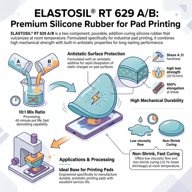 WACKER ELASTOSIL RT 629 A/B 22kg – antystatyczny silikon do wykonywania padów do tampodruku, Shore A 31 – infografika: zastosowanie w tampodruku