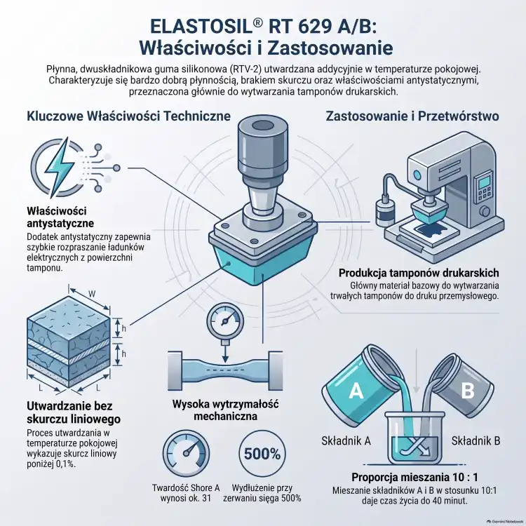WACKER ELASTOSIL RT 629 A/B 22kg – antystatyczny silikon do wykonywania padów do tampodruku, Shore A 31 – infografika: właściwości i zastosowanie