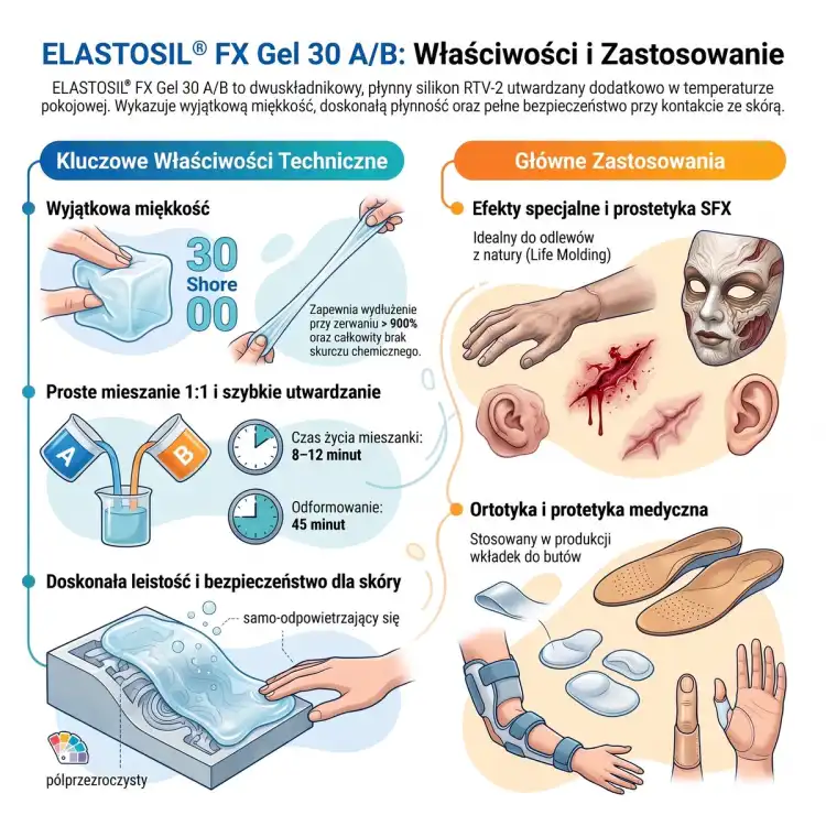 Infografika ELASTOSIL FX 30 Gel A/B – Shore 00 30, wydłużenie ponad 900%, mieszanie 1:1, czas pracy 8–12 min; efekty FX i ortotyka