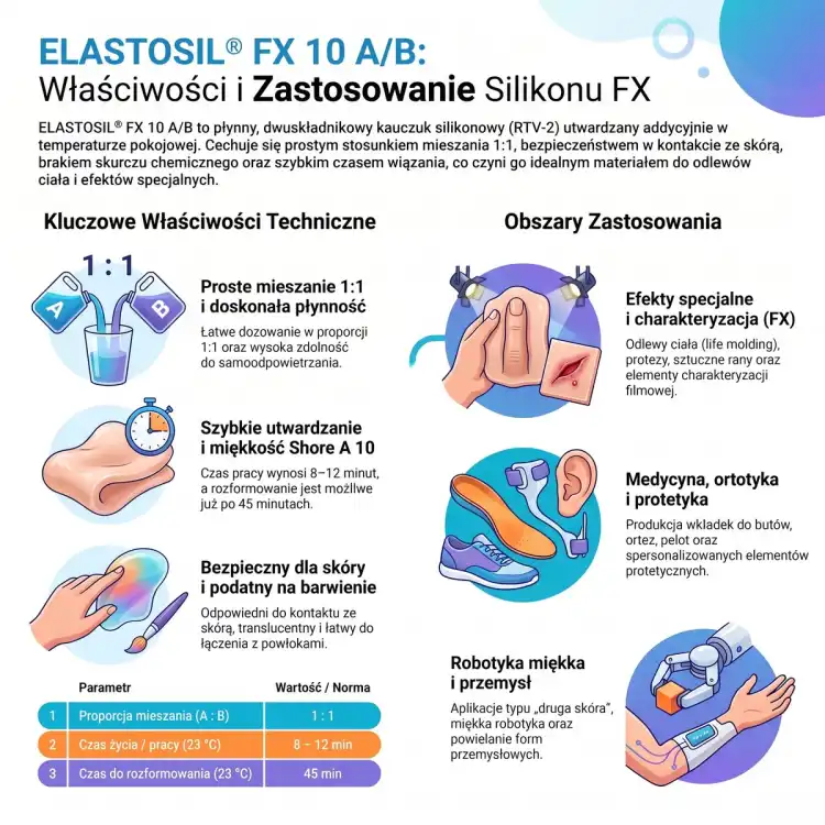 Infografika ELASTOSIL FX 10 A/B – właściwości: mieszanie 1:1, Shore A 10, czas pracy 8–12 min; zastosowania FX i protetyka