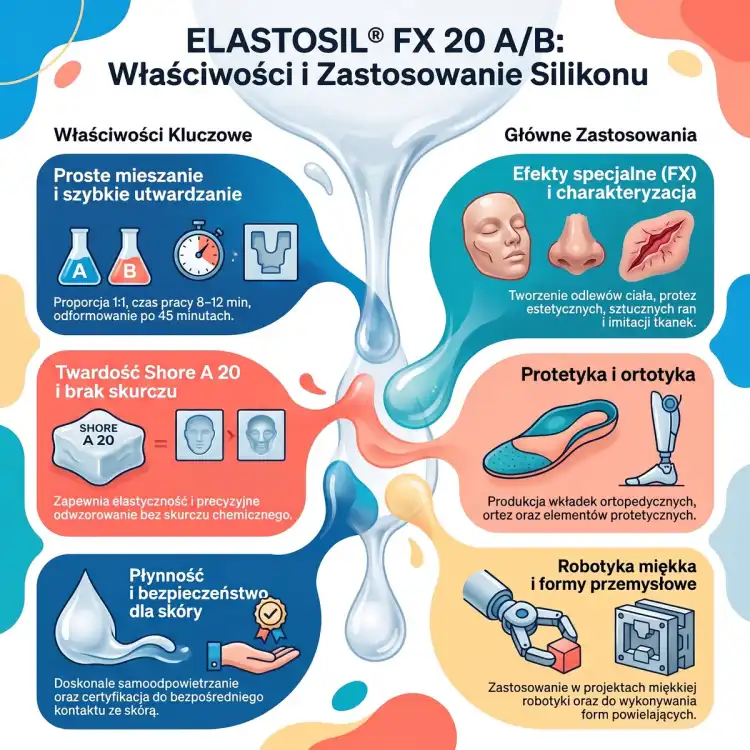 Infografika ELASTOSIL FX 20 A/B – Shore A 20, mieszanie 1:1, czas pracy 8–12 min, brak skurczu; efekty FX, ortotyka, robotyka