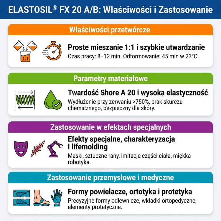 Infografika ELASTOSIL FX 20 A/B – parametry: Shore A 20, wydłużenie ponad 750%, rozformowanie 45 min; efekty specjalne i formy
