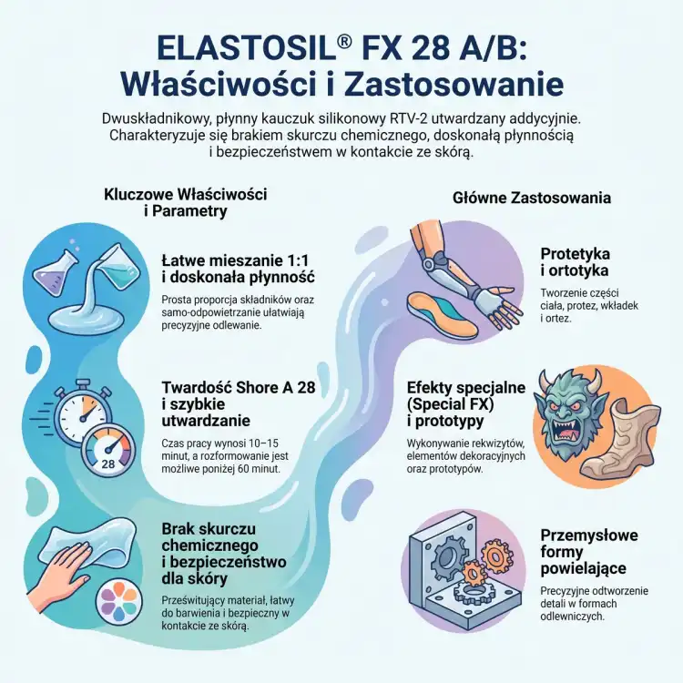 Infografika ELASTOSIL FX 28 A/B – Shore A 28, mieszanie 1:1, czas pracy 10–15 min; protetyka, rekwizyty FX i formy powielające
