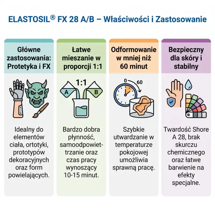 Infografika ELASTOSIL FX 28 A/B – mieszanie 1:1, czas pracy 10–15 min, rozformowanie poniżej 60 min, Shore A 28; protetyka i FX