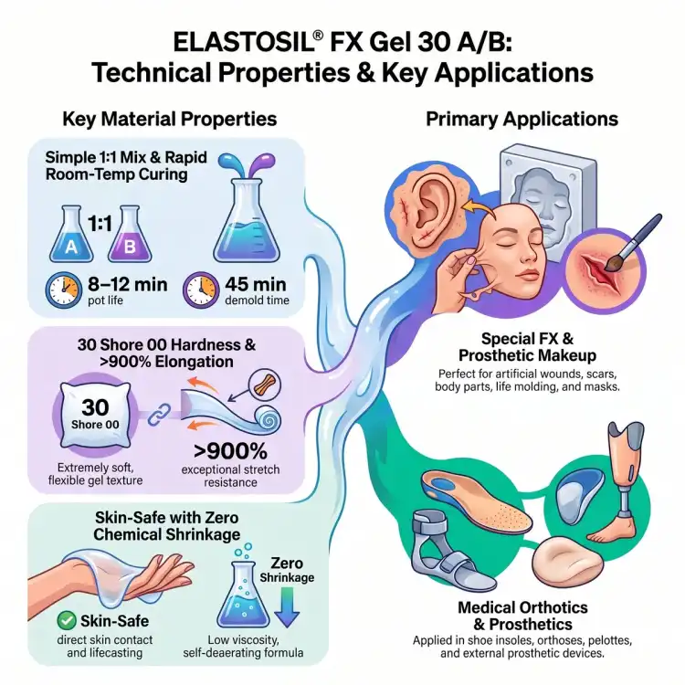 Infografika ELASTOSIL FX 30 Gel A/B (EN) – Shore 00 30, wydłużenie ponad 900%, czas pracy 8–12 min; efekty FX, ortotyka i protetyka