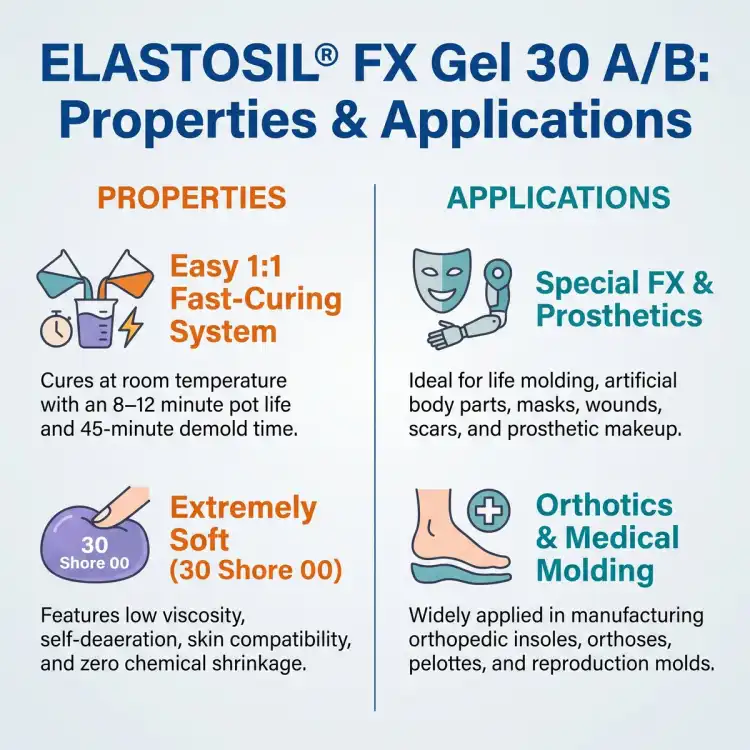 Infografika ELASTOSIL FX 30 Gel A/B (EN) – mieszanie 1:1, Shore 00 30, rozformowanie 45 min; odlewy ciała, maski, wkładki