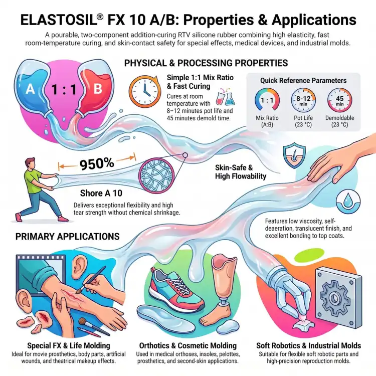 Infografika ELASTOSIL FX 10 A/B (EN) – Shore A 10, wydłużenie 950%, czas pracy 8–12 min; efekty FX, ortotyka, soft robotics