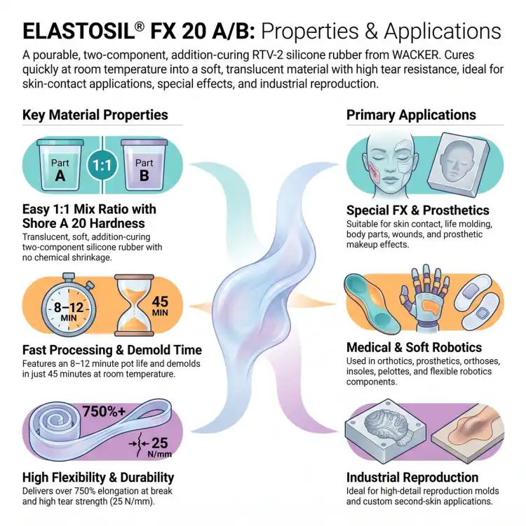 Infografika ELASTOSIL FX 20 A/B (EN) – Shore A 20, wydłużenie ponad 750%, rozdzieranie 25 N/mm, czas pracy 8–12 min; FX i robotyka