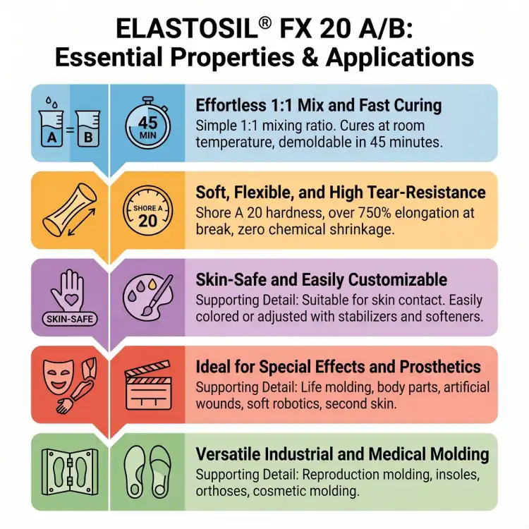 Infografika ELASTOSIL FX 20 A/B (EN) – mieszanie 1:1, rozformowanie 45 min, Shore A 20; efekty specjalne, protetyka i formy