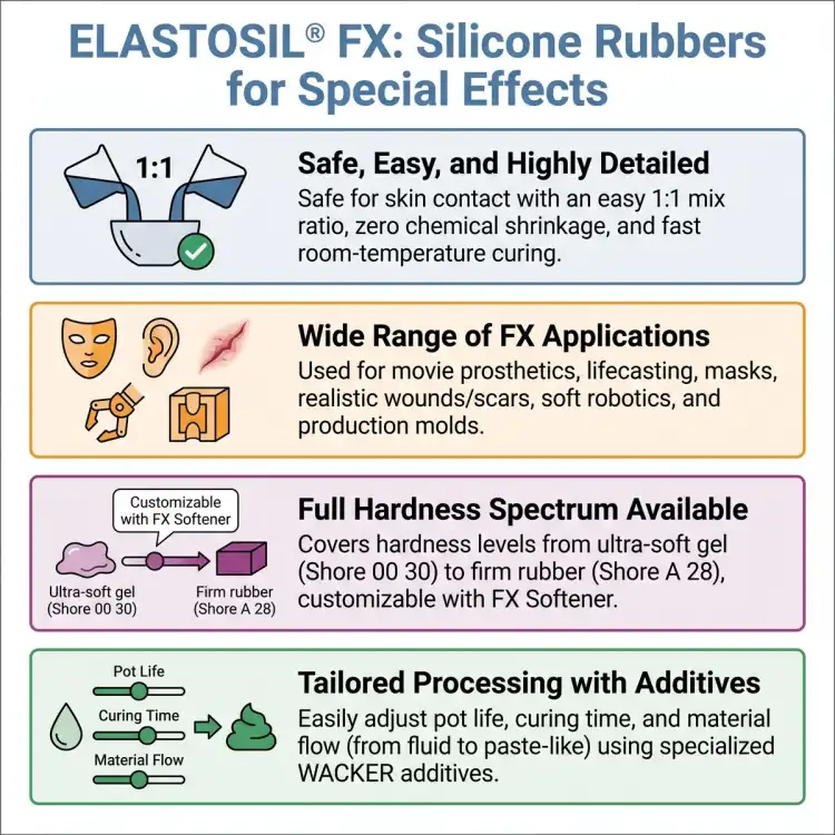 Infografika silikonów ELASTOSIL FX (EN) – mieszanie 1:1, twardość od Shore 00 30 do Shore A 28, dodatki; zastosowania w efektach FX