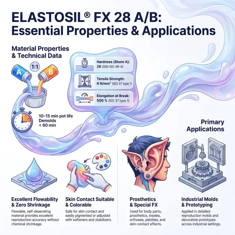 Infografika ELASTOSIL FX 28 A/B (EN) – Shore A 28, rozciąganie 6 N/mm², wydłużenie 500%, czas pracy 10–15 min; protetyka i formy