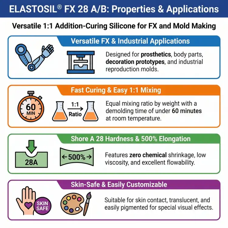 Infografika ELASTOSIL FX 28 A/B (EN) – mieszanie 1:1, rozformowanie poniżej 60 min, Shore A 28, wydłużenie 500%; FX i formy