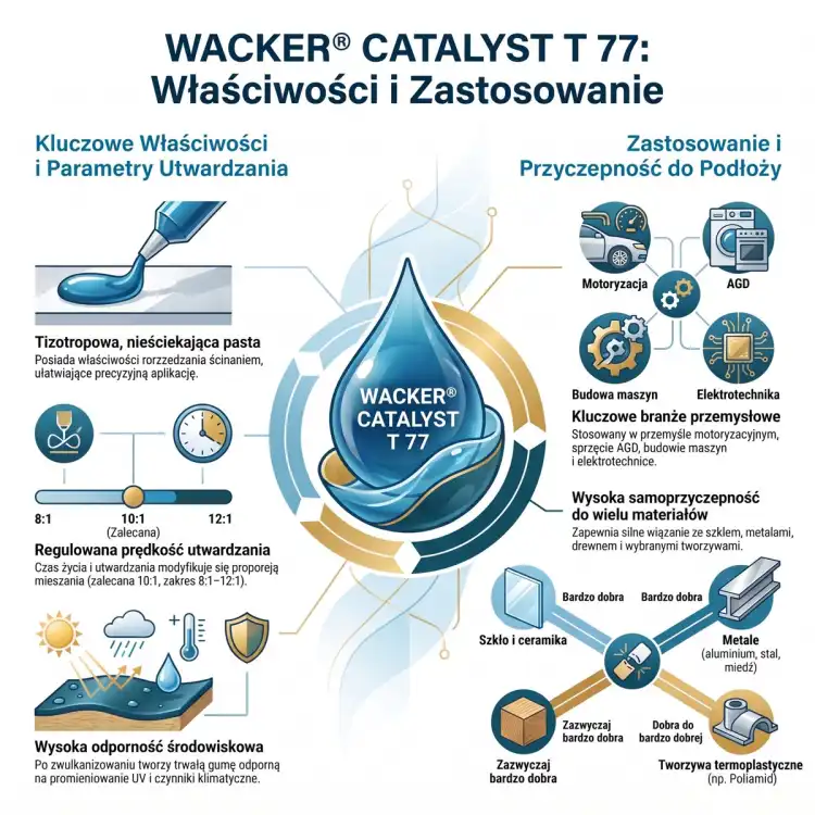 Infografika WACKER Catalyst T 77 – tiksotropowa pasta, proporcja 10:1, samoprzyczepność do szkła i metali, motoryzacja i AGD