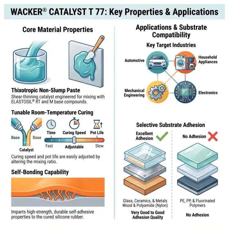 Infografika WACKER Catalyst T 77 – właściwości, regulowane utwardzanie, przyczepność do podłoży i zastosowania przemysłowe