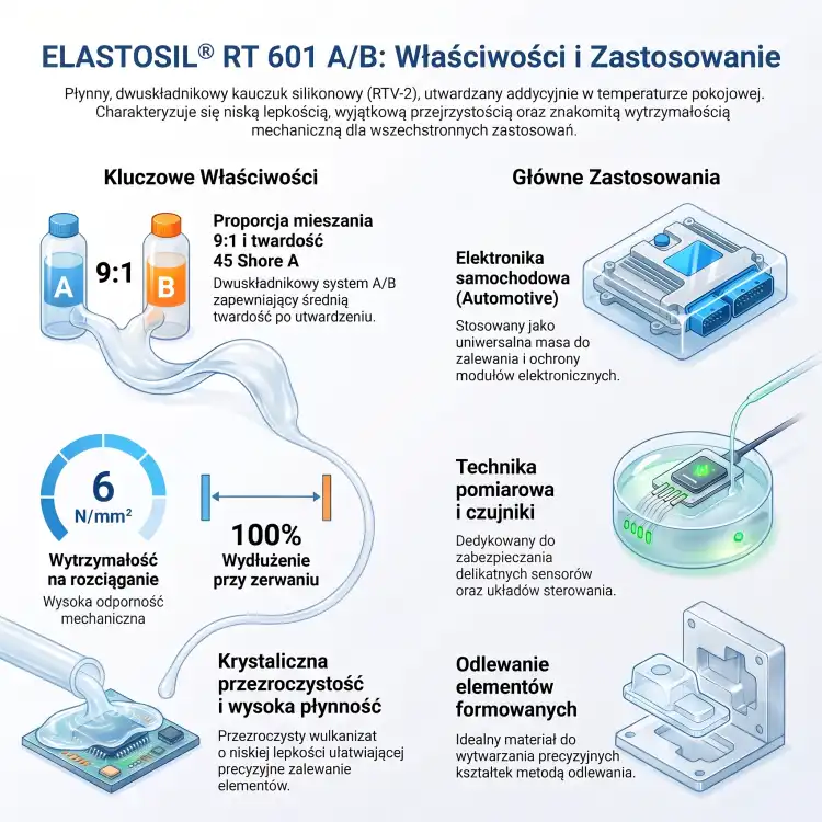 WACKER ELASTOSIL RT 601 A/B 1kg – przezroczysty silikon do zalewania elektroniki i odlewania, Shore A 45 – infografika: właściwości i zastosowania