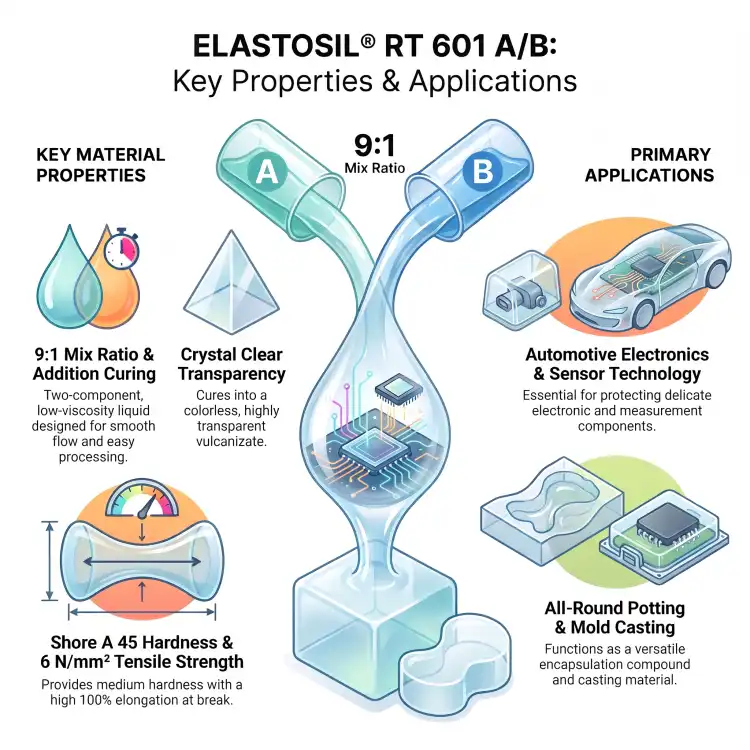 WACKER ELASTOSIL RT 601 A/B 30kg – przezroczysty silikon do zalewania elektroniki i odlewania, Shore A 45 – infografika w języku angielskim: właściwości i zastosowania