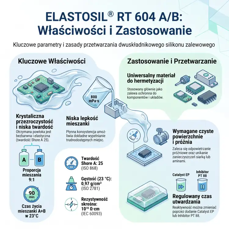WACKER ELASTOSIL RT 604 A/B 5kg – przezroczysty silikon do zalewania elektroniki o bardzo niskiej lepkości, Shore A 25 – infografika: właściwości i zastosowania
