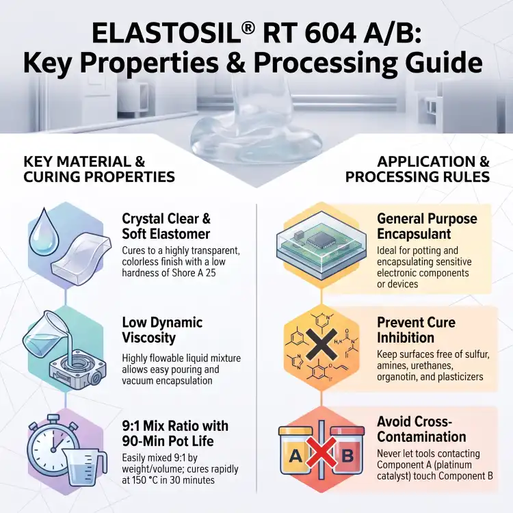 WACKER ELASTOSIL RT 604 A/B 30kg – przezroczysty silikon do zalewania elektroniki o bardzo niskiej lepkości, Shore A 25 – infografika w języku angielskim: właściwości i zastosowania