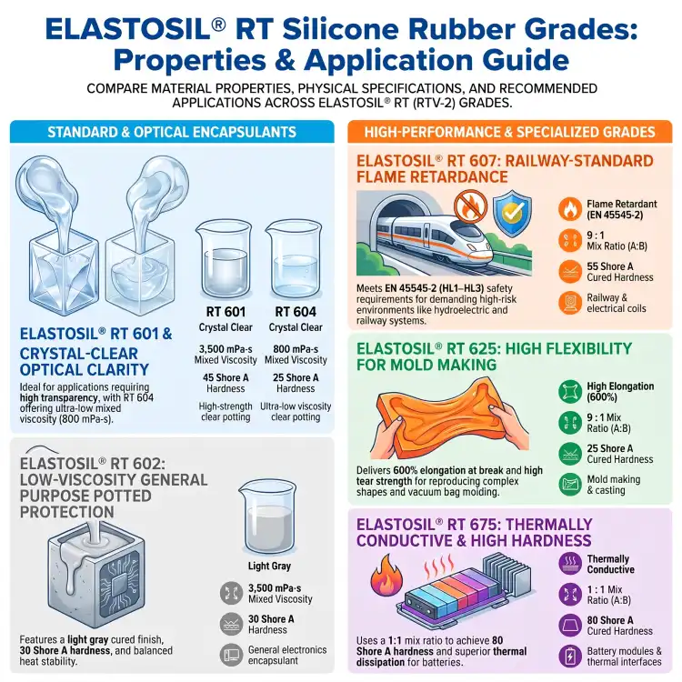 Porównanie silikonów ELASTOSIL RT 601, RT 602, RT 604, RT 607, RT 625 i RT 675 – właściwości i zastosowania (wersja angielska)