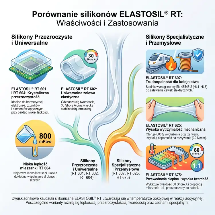 Porównanie silikonów ELASTOSIL RT 601, RT 602, RT 604, RT 607, RT 625 i RT 675 – właściwości i zastosowania