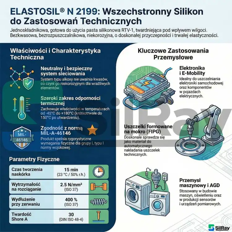 WACKER ELASTOSIL N2199 20kg – silikon do klejenia i uszczelniania w zastosowaniach technicznych, MIL-A-46146, Shore A 30 – infografika z właściwościami i parametrami