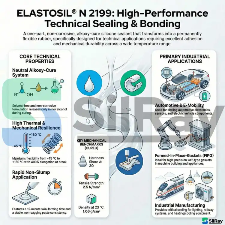 WACKER ELASTOSIL N2199 20kg – silikon do klejenia i uszczelniania w zastosowaniach technicznych, MIL-A-46146, Shore A 30 – infografika z zastosowaniami przemysłowymi