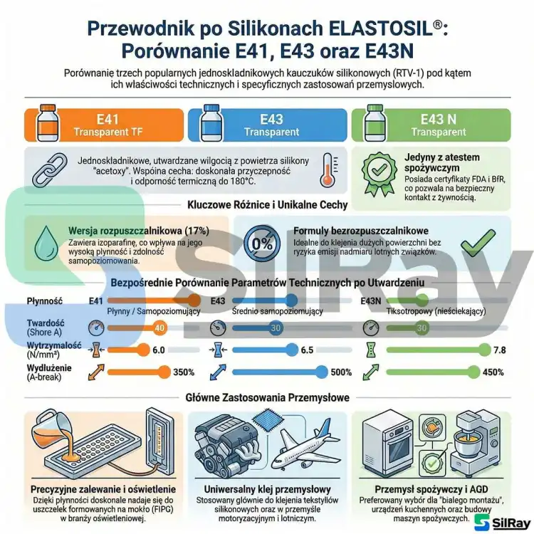 WACKER ELASTOSIL E43 22kg – przezroczysty silikon klejąco-uszczelniający do elektroniki i montażu, Shore A 30 – porównanie ELASTOSIL E43, E41 i E43 N