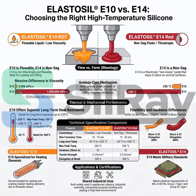 WACKER ELASTOSIL E10 22kg – silikon wysokotemperaturowy, uszczelniający, Shore A 25 – porównanie ELASTOSIL E10 i E14 – wybór silikonu wysokotemperaturowego (reologia, parametry, zastosowania) – infografika EN