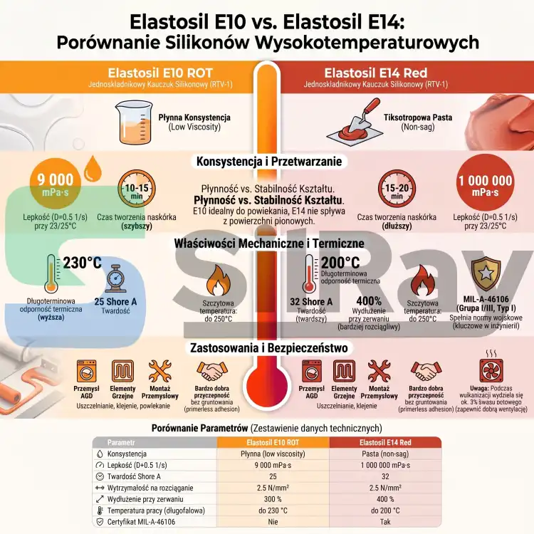 WACKER ELASTOSIL E14 22kg – wysokotemperaturowy silikon MIL-A-46106, Shore A 32 – porównanie silikonów wysokotemperaturowych ELASTOSIL E10 i E14 (lepkość, naskórek, temperatura pracy, Shore A, MIL-A-46106) – infografika PL