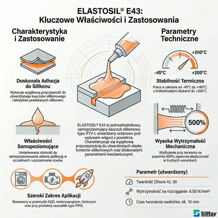 WACKER ELASTOSIL E43 22kg – infografika – właściwości i zastosowanie